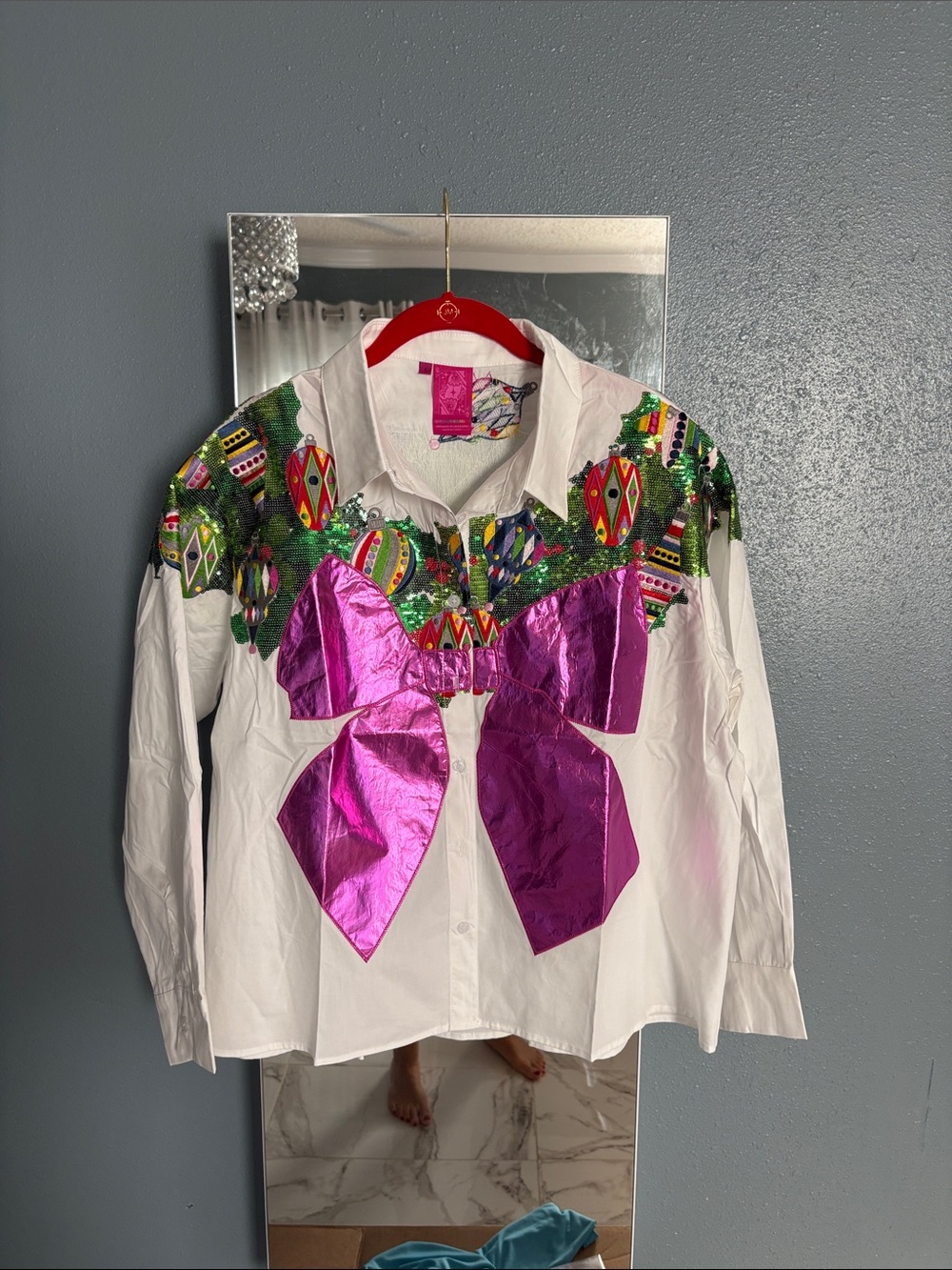 White Button-Down Shirt with Metallic Pink Bow & Colorful Ornament Print